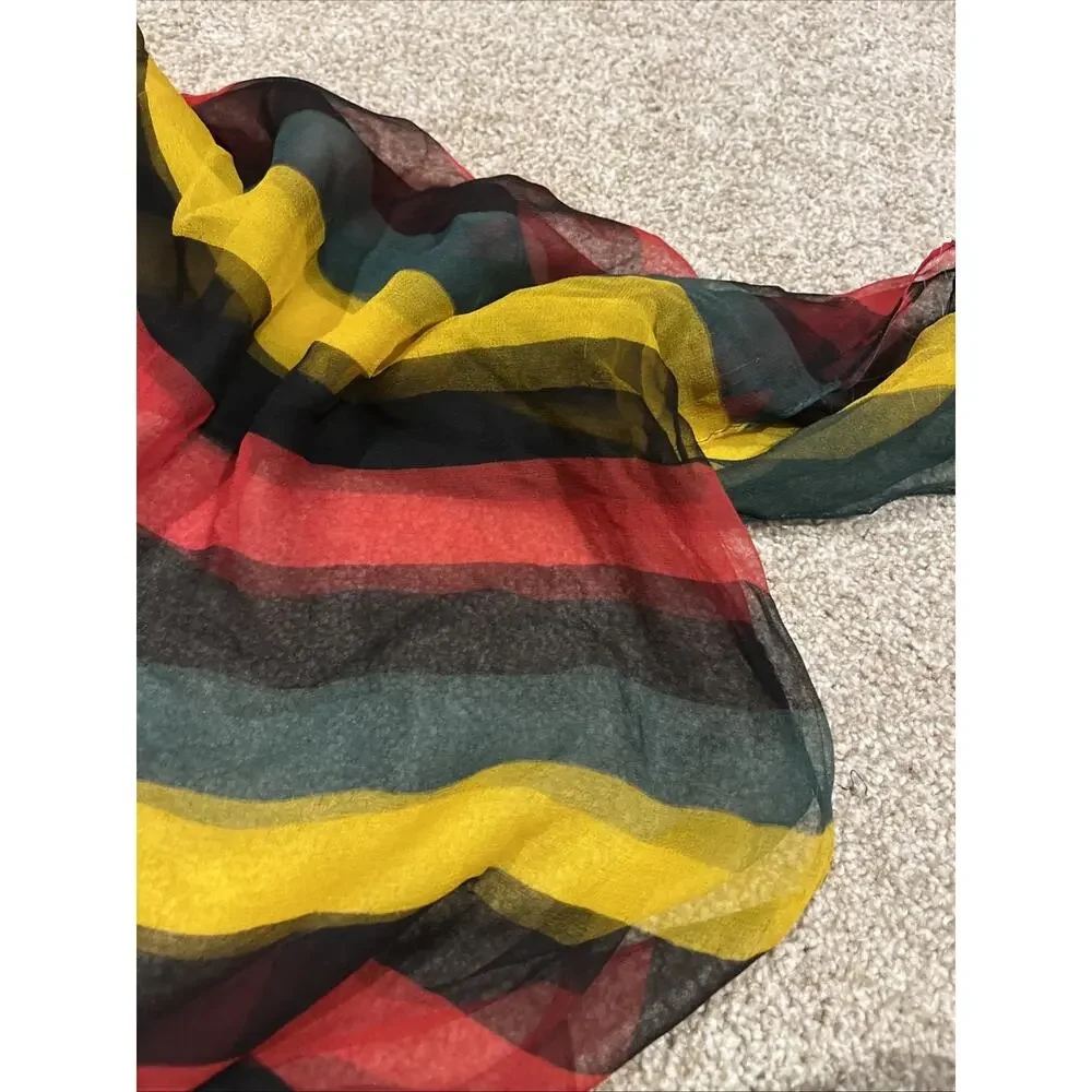 Vintage Silk Scarf Green Black Red Gold Striped Long Rectangular 20x60
